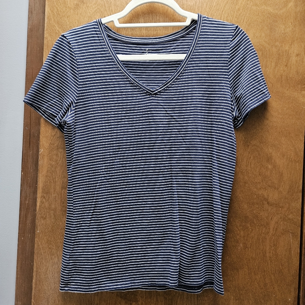 LOFT Navy and White Striped V-Neck Tee